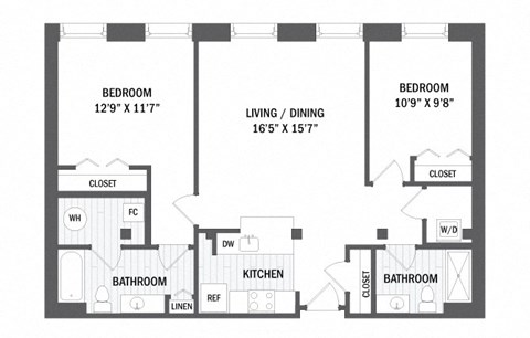 Floor plan for 2 beds, 2 baths, 979 sqft